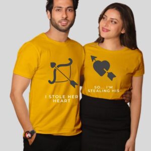 Mustard Yellow Couple T-Shirts – “I Stole Her Heart & I’m Stealing His” Matching Summer Tees by Teesora
