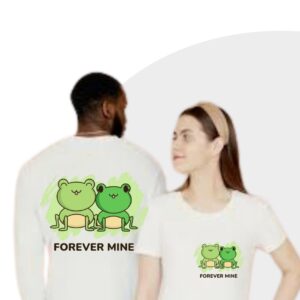 White Couple T-Shirts with Cute Frog Love Print & “Forever Mine” – Green Front & Back Design by Teesora