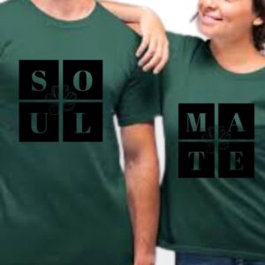 Olive Green “Soul” & “Mate” Couple T-Shirts – Matching Summer Tees in Black Print by Teesora