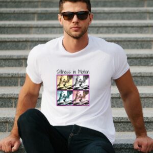 White t-shirt with four-image grid of a man walking along the sea and mountains, Teesora Silent Walk Edition.