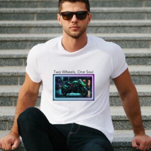 White biker t-shirt with motorbike graphic and "Two Wheels One Soul" text – Teesora men’s riding tee.