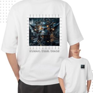 White graphic t-shirt with futuristic tech design – Teesora Cyber Edge men’s fashion shirt.