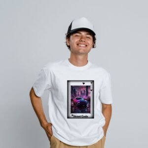 White men’s t-shirt with urban car graphic – Teesora Street Code auto-themed tee.