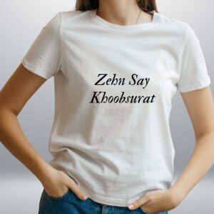 White women’s t-shirt with elegant Urdu quote “Zehan Sy Khoobsurat” – Teesora minimalist design.