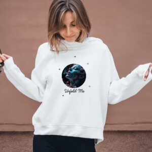 Unfold Me women's white t-shirt with artistic and colorful face design in the center