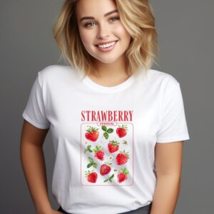 StrawberryPrint, WhiteTShirt, WomensSummerWear, SoftCotton, CoolAndComfy, StylishLook, CasualFashion, TrendyTee, FreshStyle, EverydayWear