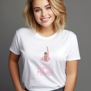 Empower your summer wardrobe with this white t-shirt featuring a girl raising her hand and “Girl Power” in baby pink. Soft, breathable, and made for confident women.