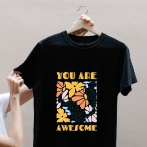 Black women’s t-shirt with “You Are Awesome” quote and floral print in yellow and sky blue – summer casual cotton tee