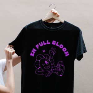 Black women’s t-shirt with “In Full Bloom” and purple happy flower cartoon – cute and breathable summer cotton tee