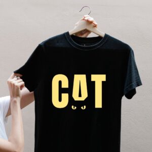 Black women’s t-shirt with yellow cat and cat eyes print – stylish and breathable cotton summer tee