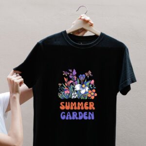 Black women’s t-shirt with “Summer Garden” text and colorful flower print – breathable cotton tee for summer wear