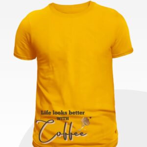 Mustard yellow women’s t-shirt with “Life Looks Better with Coffee” printed – breathable and stylish summer tee