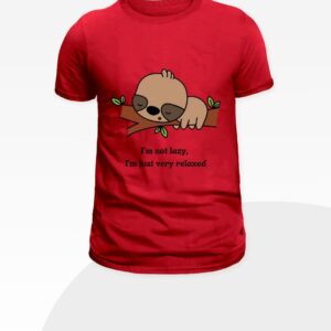 Red women’s t-shirt with “I’m Not Lazy, Just Taking Rest” and cartoon print – summer cotton tee with funny quote