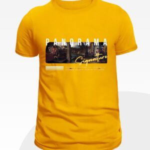 Men’s mustard yellow t-shirt with “Panorama” and historical art printed on chest – soft cotton summer wear