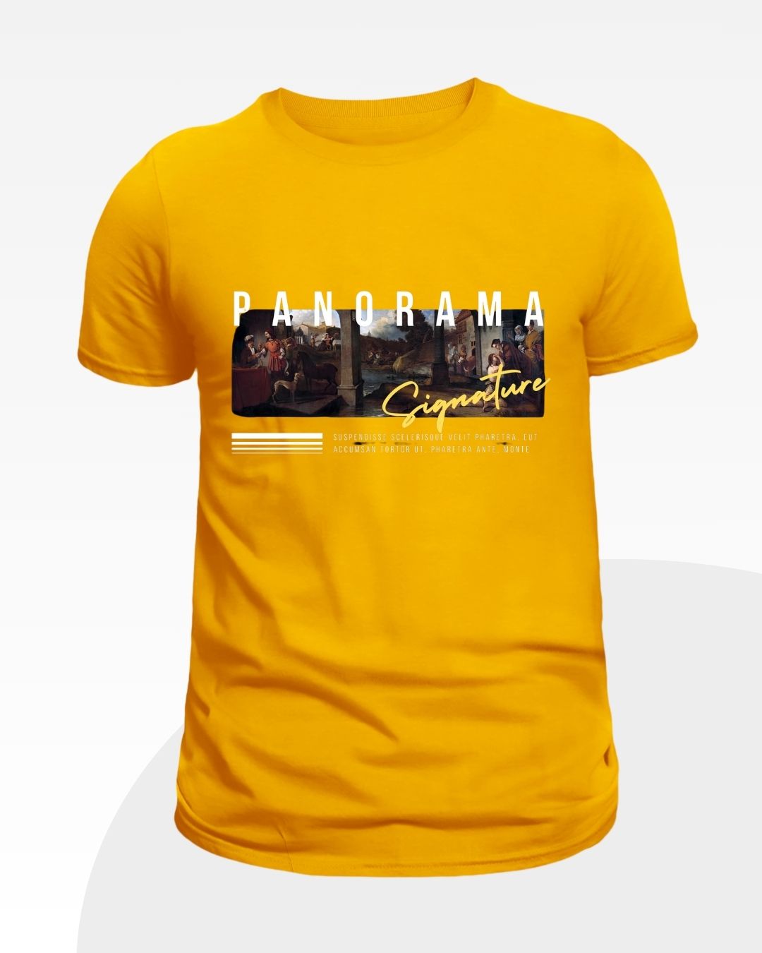 Men’s mustard yellow t-shirt with “Panorama” and historical art printed on chest – soft cotton summer wear