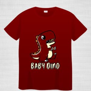 Women’s mehroon t-shirt with baby dino cartoon and fun printed text – breathable cotton summer wear