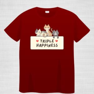 Female mehroon summer t-shirt with colorful “3 Cats” graphic and “Triple Happiness” text printed on front
