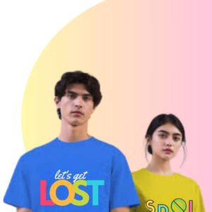 Royal blue and mustard yellow couple t-shirts by Teesora – “Let’s Get Lost” in multicolor on men’s tee, “Spoiler” on women’s tee – stylish and breathable for summer wear