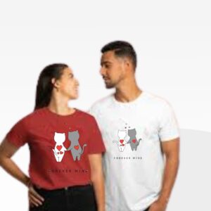 Couple t-shirt set with “Forever Mine” and two love cats design – maroon t-shirt for female and white t-shirt for male – ideal romantic summer wear.