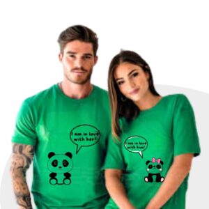 Red t-shirt for female and black t-shirt for male featuring “Love Teddy” print with a cute teddy bear graphic – perfect summer couple outfit.