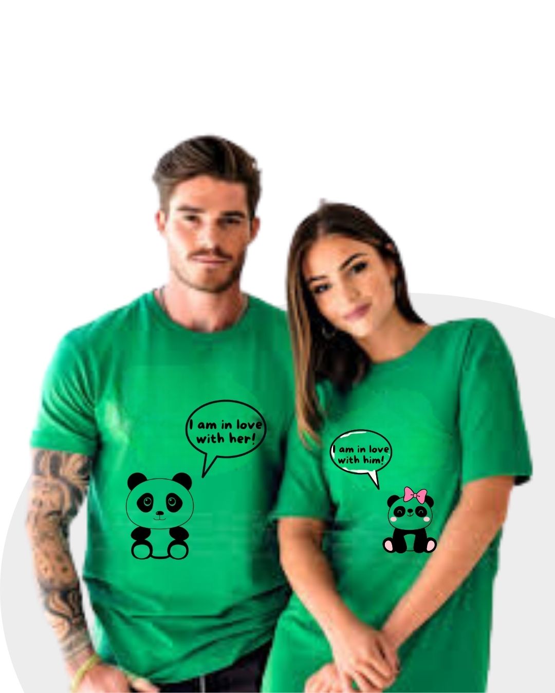 Red t-shirt for female and black t-shirt for male featuring “Love Teddy” print with a cute teddy bear graphic – perfect summer couple outfit.