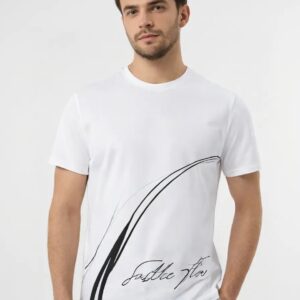 White men’s t-shirt with minimal line art, displayed on a mannequin