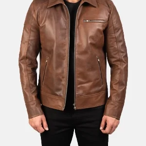 Classic brown leather jacket by Teesora, combining rugged appeal with a refined, smart-casual finish.