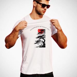 🔸 Alt Text: Teesora White Men’s T-Shirt with Half Tree, Orange Moon, and “Incomplete Without You” Text – Summer Graphic Cotton Tee